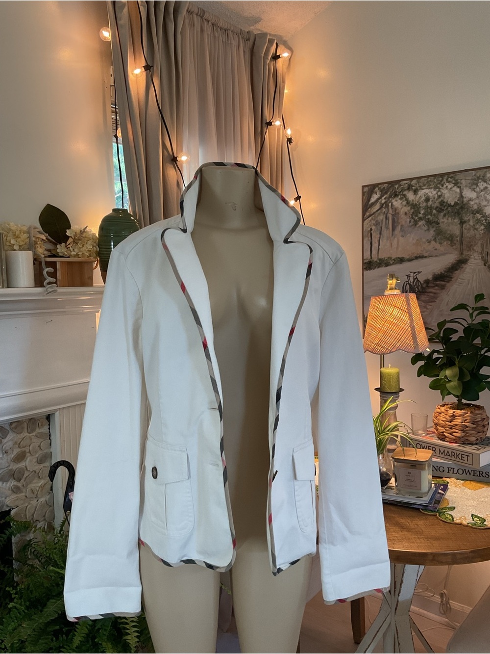 Burberry White Womens Blazer with Plaid Trim